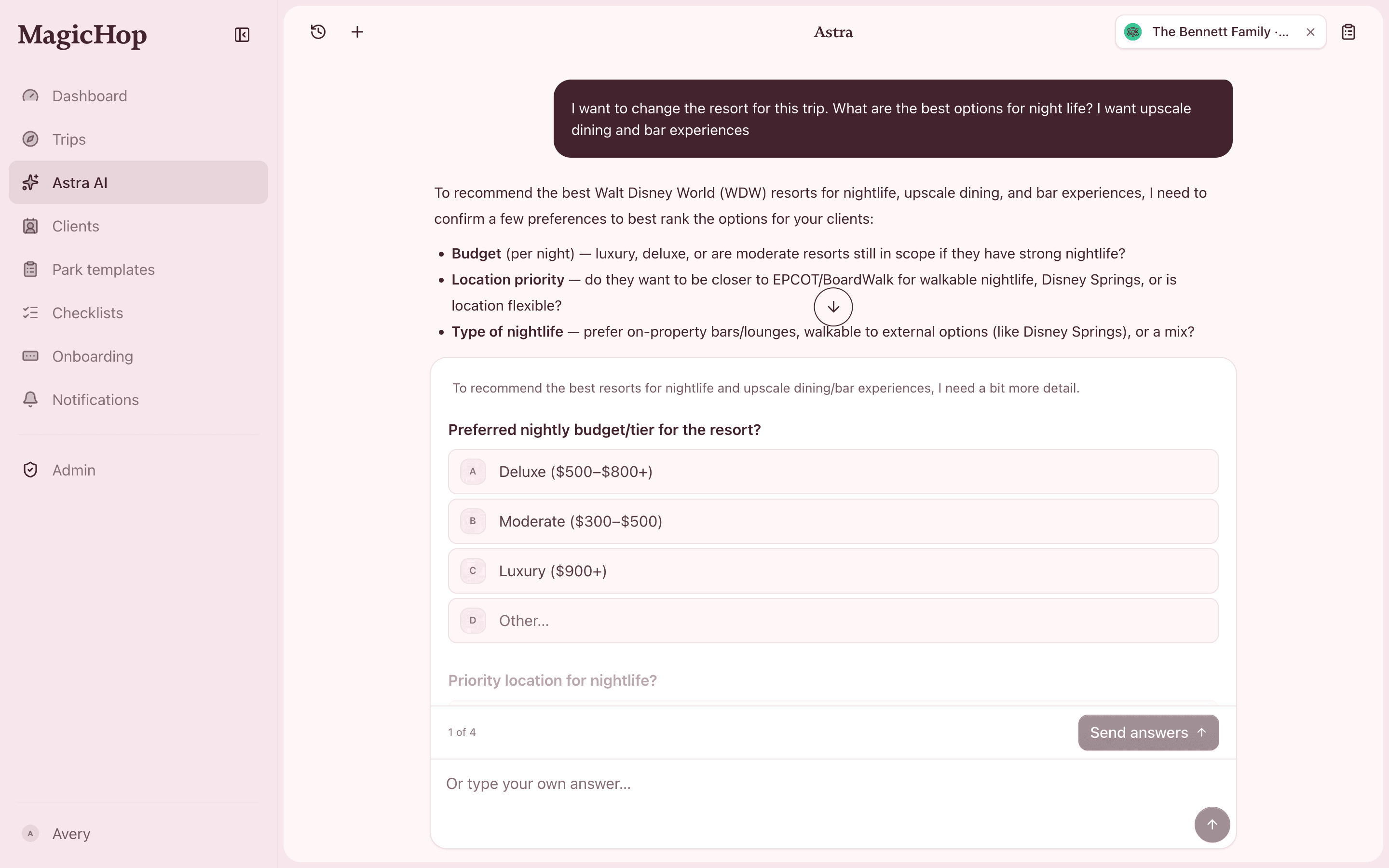 Astra asking about a client’s resort preferences during trip research