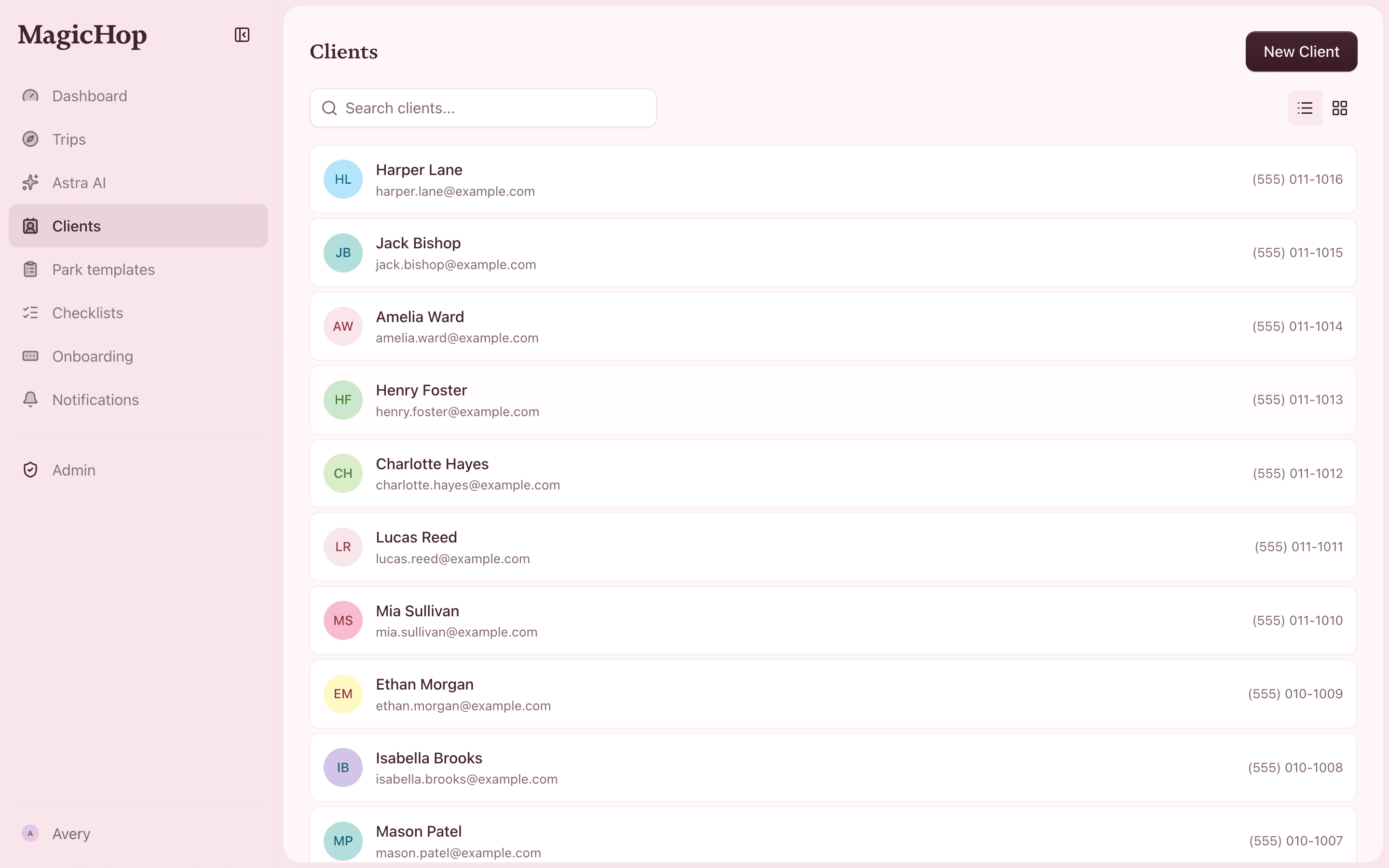 Client records and contact details in MagicHop