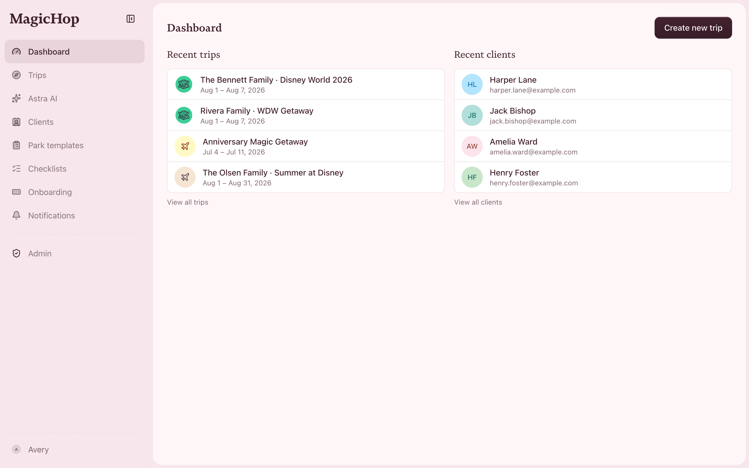The MagicHop dashboard showing recent trips and clients
